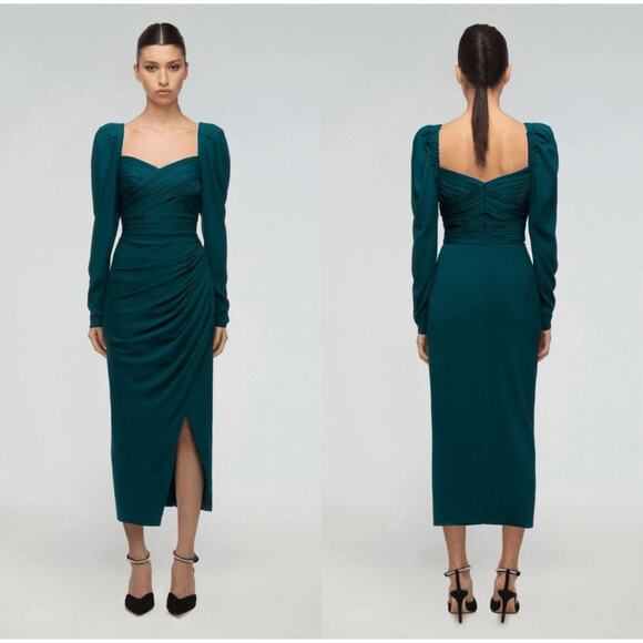 Self-Portrait Deep Teal Iris Long Sleeve Draped Midi Dress Size 10 - Picture 1 of 11